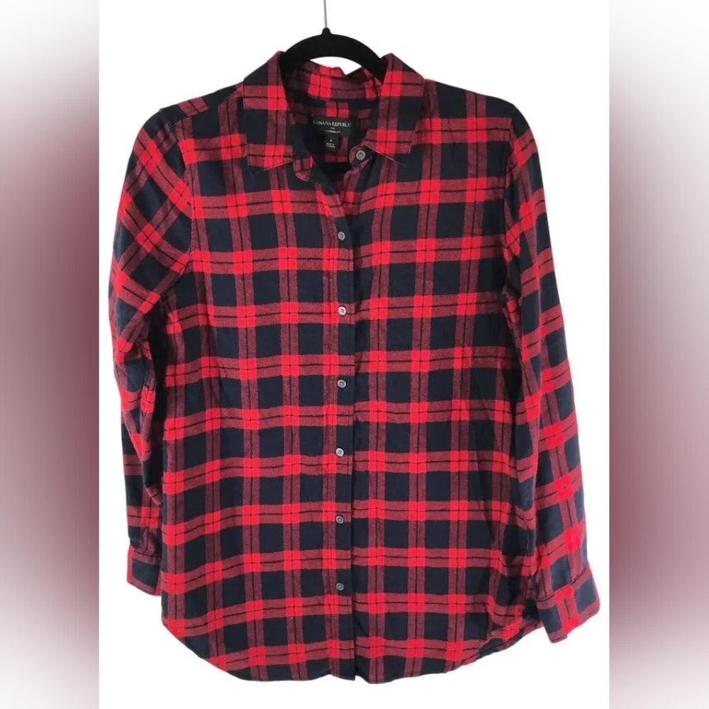 Red and Navy Plaid Button-Up Shirt